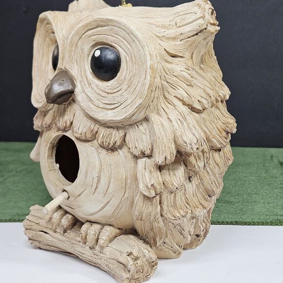 Vtg Carved Garden Hanging Owl Decor Small Nesting Resin Bird House Outdoor Cream - Picture 8 of 12